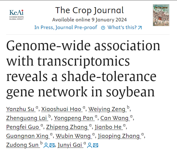 经作所科技人员与南京农业大学联合在国际知名刊物The Crop Journal上发表大豆耐荫性研究相关文章